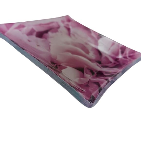 Glass Candle Drip Dish Plate 4" ROSE PETALS Violet Pink Square Romantic Vintage - Picture 6 of 16